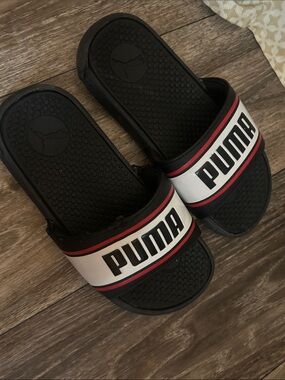Puma Black White and Red Logo Slide Sandals